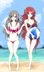2_girls alluring ball beach beachball big_breasts bikini cleavage cordelia_(fire_emblem) day echizen_(hvcv) fire_emblem fire_emblem_awakening fire_emblem_warriors front-tie_top grey_hair high_res intelligent_systems long_hair looking_at_viewer multiple_girls navel nintendo ocean open_mouth outside purple_eyes red_eyes red_hair sand side-tie_bikini_bottom skindentation sky smile standing strap_gap striped_bikini striped_clothes sumia_(fire_emblem) swimsuit thigh_gap very_long_hair water