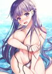 1girl 1girl absurdly_long_hair alluring big_breasts bikini blush collarbone covering_breasts covering_privates embarrassed female_focus fire_emblem fire_emblem:_the_binding_blade groin hanasaki_mahiru high_res intelligent_systems long_hair nintendo purple_eyes purple_hair side-tie_bikini_bottom sophia_(fire_emblem) swimsuit untied_bikini very_long_hair wardrobe_malfunction wavy_mouth wet