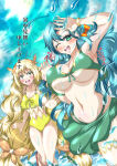 1girl 2_girls absurdly_long_hair accidental_exposure alluring alternate_costume bangs bare_thighs big_breasts bikini blonde_hair blue_hair blush braid celine_(fire_emblem) chloe_(fire_emblem) cleavage earrings embarrassed female_only fire_emblem fire_emblem_engage green_bikini green_eyes green_swimsuit intelligent_systems japanese_text long_hair looking_at_viewer medium_breasts motion_lines multiple_females multiple_girls nintendo ocean one-piece_bikini one_eye_closed open_mouth outside reaching_out sarong smile sound_effects swimsuit teal_bikini text thighs translation_request unaware under_boob untied untied_bikini very_long_hair violet_migu18 wardrobe_malfunction warning water yellow_one-piece_bikini yellow_swimsuit