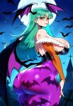 1girl ai_generated ass curvy curvy_female curvy_figure darkstalkers green_hair long_hair morrigan_aensland night succubus succubus_costume
