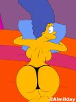 1girl 20th_century_fox almilday ass black_hair blue_hair breasts female_focus fox_corporation long_hair looking_back marge_simpson micro_panties milf on_bed pillow pillow_hug room seductive_pose the_simpsons yellow_skin