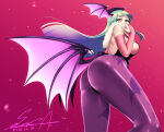 1girl aqua_hair ass bangs big_breasts black_wings blunt_bangs breasts capcom darkstalkers demon_girl demon_wings female_only female_solo finger_to_mouth floating_hair from_behind half-closed_eyes head_wings huge_ass legs long_hair looking_at_viewer looking_back morrigan_aensland sawasa sawasa_(artist) skin_tight standing straight_hair thick_thighs thighs wings yellow_eyes
