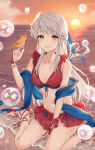 1girl 1girl alluring between_legs bikini bikini_skirt bird bird_on_hand blue_shawl blush bubble cleavage collarbone fingerless_gloves fire_emblem fire_emblem:_radiant_dawn flower frilled_bikini frills front-tie_top gloves grey_hair hair_flower hair_ornament hand_between_legs haru_(nakajou-28) heart high_res intelligent_systems long_hair looking_at_viewer medium_breasts micaiah_(fire_emblem) micaiah_(wavecrest_maiden)_(fire_emblem) miniskirt multicolored_bikini navel nintendo ocean open_mouth outside pleated_skirt red_bikini red_gloves red_sandals red_skirt sandals shawl sitting skirt smile stomach sunset swimsuit thighs two-tone_bikini wariza water wet yellow_eyes yune_(fire_emblem)