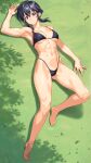 1girl :o absurd_res alluring athletic_female bare_legs barefoot black_bra black_hair blush bra cleavage commission commissioner_upload covered_erect_nipples earrings female_abs fire_emblem fire_emblem:_genealogy_of_the_holy_war fit_female grass groin high_res highleg highleg_panties intelligent_systems jewelry larcei_(fire_emblem) legs looking_at_viewer lying navel nintendo on_back on_ground outside panties purple_eyes qkat_(arikawa-dou) short_hair sidelocks skeb_commission sleeveless stomach thighs tomboy toned toned_female underwear underwear_only