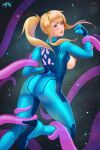 1girl artist_name ass big_ass big_breasts blonde_female blonde_hair blue_bodysuit blue_eyes blush bodysuit breasts breasts_out breasts_out_of_clothes breasts_outside cameltoe clenched_hand female_only female_solo floating_hair from_behind grin hand_up high_heel_bodysuit high_heels high_ponytail lips lipstick long_hair looking_at_viewer looking_back makeup medium_breasts metroid metroid_other_m metroid_zero_mission nintendo nipples outer_space outside parted_lips pink_lipstick ponytail prywinko restrained restrained_arms restrained_legs samus_aran sideboob sidelocks skin_tight smile space straight_hair tentacle tentacle_around_arm tentacle_around_leg tied_hair torn_bodysuit torn_clothes zero_suit zero_suit_samus