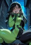 1boy1girl 1girl ai_generated alley bodysuit bulge curvy curvy_female curvy_figure grinding kim_possible long_hair night night_sky shego