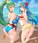 1girl 2_girls alluring alternate_costume ass bare_thighs beach big_ass big_breasts bikini blue_bikini blue_eyes blue_hair blue_sky blue_swimsuit blush earrings eirika_(fire_emblem) fire_emblem fire_emblem:_the_blazing_blade fire_emblem:_the_sacred_stones fire_emblem_heroes fire_emblem_warriors flower green_eyes green_hair hair_flower hair_ornament high_res intelligent_systems jewelry large_ass light-skinned_female light_blue_hair light_skin long_hair looking_at_viewer looking_back lyn lyn_(fire_emblem) lyndis_(fire_emblem) medium_breasts multiple_girls nintendo ocean official_alternate_costume red_bikini red_swimsuit revolverwingstudios sand sky sunlight swimsuit thighs yellow_bikini yellow_swimsuit