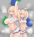 2girls alluring arms_up barbara_(genshin_impact) berserkert blonde_hair blush cameltoe cheerleader cheerleader_uniform erect_nipples erect_nipples_under_clothes female female_only genshin_impact highres jean_gunnhildr large_breasts nipples nun pom_poms ponytail pussy see-through short_shorts shorts silf silfs sisters small_breasts sweat twintails underboob