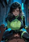1boy1girl 1girl ai_generated alley bodysuit cowgirl_position curvy curvy_female curvy_figure dark-skinned_male kim_possible long_hair night night_sky sex shego