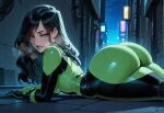 1girl ai_generated alley ass bodysuit curvy curvy_female curvy_figure kim_possible long_hair lying_on_stomach night night_sky shego