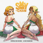 2_girls age_difference arm_support armlet back bangs bare_back bare_legs bare_shoulders barefoot blonde_female blonde_hair bodypaint bracelet braid circlet closed_mouth crown_braid dark-skinned_female dark_skin dress duo earrings elf facial_mark feet female_only from_behind green_eyes heroine hylian hyrule_warriors hyrule_warriors:_age_of_imprisonment jewelry legs legs_together long_dress long_hair looking_at_viewer looking_back multiple_girls neck necklace nintendo official_alternate_costume official_alternate_hairstyle parted_bangs pointy_ears princess princess_zelda shadow short_hair sitting smile sonia_(zelda) soy-chan strapless strapless_dress tears_of_the_kingdom the_legend_of_zelda the_legend_of_zelda:_tears_of_the_kingdom thick_eyebrows thighs tied_hair very_long_hair wavy_hair white_dress yokozuwari zelda_(tears_of_the_kingdom)