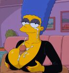 after_paizuri black_dress cum_on_breasts cum_on_face erect_penis huge_breasts marge_simpson paizuri smiling_at_viewer the_simpsons