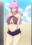1girl 1girl alluring big_breasts bikini bikini_bottom_under_shorts bikini_under_clothes blue_sky cleavage clenched_hands curvy day denim denim_shorts earrings fire_emblem fire_emblem:_three_houses grin hands_up heart high_ponytail high_res hilda_valentine_goneril hilda_valentine_goneril_(timeskip) hoop_earrings intelligent_systems jewelry looking_at_viewer navel nintendo one_eye_closed pink_bikini pink_eyes pink_hair ponytail short_shorts shorts sky smile stomach swimsuit thighs vialnite
