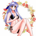 1girl alluring bikini black_bikini blush bo_(774berry) cleavage fire_emblem fire_emblem:_radiant_dawn half_updo intelligent_systems long_hair micaiah_(fire_emblem) nintendo ribbon side-tie_bikini_bottom silver_hair simple_background sitting smile swimsuit white_background yellow_eyes
