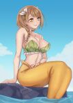 1girl 1girl alluring alternate_costume bandeau bare_shoulders big_breasts bikini bikini_top_only braid brown_eyes brown_hair cleavage closed_mouth fire_emblem fire_emblem_engage goldmary_(fire_emblem) green_bandeau green_bikini hair_ribbon high_res intelligent_systems long_hair looking_at_viewer mermaid navel nintendo ribbon rock sitting smile stomach swimsuit symoca water white_ribbon yellow_eyes