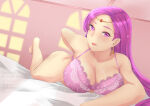 1girl absurd_res alluring artist_name bare_legs barefoot big_breasts bra brunnya_(fire_emblem) circlet cleavage dedenee earrings female_focus fire_emblem fire_emblem:_the_binding_blade high_res intelligent_systems jewelry lingerie lipstick long_hair looking_at_viewer lying makeup matching_hair/eyes naked_from_the_waist_down nintendo purple_bra purple_eyes purple_hair smile underwear underwear_only watermark