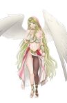 1girl 1girl alluring angel_wings bare_shoulders bridal_legwear brown_pantyhose closed_mouth collarbone commentary dancer english_commentary eyelashes feathered_wings feet finger_to_face fire_emblem fire_emblem:_radiant_dawn fire_emblem_heroes full_body gluteal_fold green_eyes green_hair hand_up high_res intelligent_systems leanne_(fire_emblem) leanne_(hatari)_(fire_emblem) legs looking_at_viewer medium_breasts midriff navel nintendo nipples no_shoes pantyhose pink_skirt pomelomelon simple_background single_leg_pantyhose skirt swept_bangs thighs toeless_legwear toes veil white_background white_skirt white_wings wings