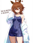 1girl absurd_res agnes_tachyon_(umamusume) animal_ears bare_shoulders breasts brown_eyes brown_hair brown_tail covered_navel flygombal hair_between_eyes high_res horse_ears horse_girl horse_tail lab_coat looking_at_viewer medium_breasts medium_hair school_swimsuit simple_background sleeves_past_fingers sleeves_past_wrists swimsuit tail thighs tracen_swimsuit umamusume white_background