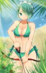 1girl alluring arrow_(projectile) beach big_breasts bikini bikini_top_only blue_eyes bow_(weapon) cleavage female_focus fire_emblem fire_emblem_fates green_eyes green_hair hair_over_one_eye hairband intelligent_systems leaf navel nintendo outside setsuna_(fire_emblem) shira_yu_ki short_hair swimsuit teal_hair weapon