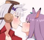 2_girls animal_ears blush bow brown_hair commentary ear_bow english_commentary eye_contact face-to-face food food_in_mouth gold_ship_(umamusume) green_bow grey_hair high_res horse_ears horse_girl jacket kaiyamon long_hair looking_at_another mejiro_mcqueen_(umamusume) multiple_girls pillbox_hat pocky pocky_day pocky_in_mouth pocky_kiss portrait purple_bow purple_eyes purple_hair red_jacket shared_food simple_background trembling umamusume white_background yuri