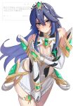 1girl 1girl absurd_res alluring alternate_costume amausa_subee bare_shoulders blue_eyes blue_hair blush cleavage_cutout closed_mouth clothing_cutout cosplay crossover fire_emblem fire_emblem_awakening hair_between_eyes high_res intelligent_systems long_hair looking_at_viewer lucina lucina_(fire_emblem) medium_breasts mythra_(xenoblade) mythra_(xenoblade)_(cosplay) nintendo simple_background translation_request white_background xenoblade_chronicles_(series) xenoblade_chronicles_2