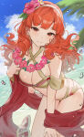 1girl alluring alternate_costume beach bikini bracelet brown_bikini bubble celica_(fire_emblem) celica_(summer)_(fire_emblem) cleavage cloud criss-cross_halter fire_emblem fire_emblem_echoes:_shadows_of_valentia fire_emblem_heroes fire_emblem_warriors flower flower_hairband flower_necklace hairband halterneck haru_(nakajou-28) high_res intelligent_systems jewelry lei medium_breasts necklace nintendo official_alternate_costume palm_tree red_eyes red_hair sash swimsuit tree water