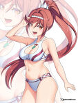 1girl alluring bikini brown_hair commission cowboy_shot etchimune glimmer_(xenoblade) high_ponytail long_hair ponytail solo_focus swimsuit very_long_hair white_bikini xenoblade_(series) xenoblade_chronicles_3 yellow_eyes zoom_layer
