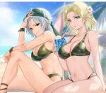 1girl 2_girls alluring bandana bare_midriff bare_shoulders bare_thighs beach belly big_breasts bikini blonde_hair blue_eyes camo_bikini cleavage confident confident_grin confident_smile curvy curvy_female curvy_figure drink earrings echidna_(fire_emblem) female_only fire_emblem fire_emblem:_the_binding_blade fire_emblem:_the_sacred_stones flower flower_in_hair grin hand_in_hair haru_(nakajou-28) hourglass_figure human human_only intelligent_systems looking_at_viewer matching_bikini matching_outfit matching_swimsuit midriff navel nintendo ocean pale_blue_eyes sand selena_(fire_emblem:_the_sacred_stones) short_hair sideboob smile smiling_at_viewer sunny swimsuit swimwear thighs toned toned_female toned_stomach tummy white_hair