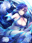 1girl 1girl alluring alternate_costume artist_name bikini cleavage dagger earrings female_focus fingerless_gloves fire_emblem fire_emblem:_the_blazing_blade fire_emblem_heroes glint gloves high_res hoop_earrings intelligent_systems jellyfish jewelry knife looking_at_viewer medium_breasts nail_polish nintendo parted_lips purple_bikini purple_eyes purple_gloves purple_hair sarong short_hair signature swimsuit tarayuki thigh_strap thighs ursula_(fire_emblem) ursula_(summer)_(fire_emblem) water weapon wrist_guards