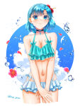 1girl 1girl absurd_res alluring bikini blue_bikini blue_eyes blue_hair choker cleavage fire_emblem fire_emblem:_the_binding_blade flower frilled_bikini frills hair_flower hair_ornament high_res intelligent_systems looking_at_viewer medium_breasts nintendo own_hands_together short_hair swimsuit thea_(fire_emblem) tsukimura_(d24f4z8j3t)