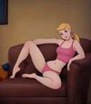 1girl 1girl ai_generated bikini blonde_hair blue_eyes bra charles2001 couch disney female_only katrina_van_tassel lipstick panties room the_adventures_of_ichabod_and_mr._toad twin_tails