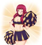 1girl ;q abs absurd_res alluring big_breasts cheerleader cleavage cleavage_cutout clothing_cutout fire_emblem fire_emblem_engage hair_ornament high_res intelligent_systems long_hair midriff miniskirt nintendo one_eye_closed pleated_skirt pom_pom_(cheerleading) red_eyes red_hair seityr simple_background skirt sleeveless smile star_(symbol) star_hair_ornament sticker sticker_on_face sunburst_background tongue tongue_out yunaka_(fire_emblem)