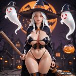 1girl 1girl absurdress ai ai-created ai_generated big_breasts big_breasts bigboobs curvaceous ecchi halloween long_hair luststudio magic original red_eyes stockings thick_thighs white_hair wide_hips witch witch_hat