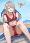1girl 1girl ;d akacolor alluring bare_shoulders beach bikini bikini_skirt bird blue_scarf blue_sky cleavage closed_eyes collarbone fire_emblem fire_emblem:_radiant_dawn fire_emblem_heroes flower grey_hair hair_flower hair_ornament hair_ribbon half_updo high_res intelligent_systems long_hair looking_to_the_side medium_breasts micaiah_(fire_emblem) micaiah_(wavecrest_maiden)_(fire_emblem) miniskirt navel nintendo ocean official_alternate_costume one_eye_closed open_mouth red_bikini ribbon scarf sitting skirt sky smile swimsuit towel water wet yellow_eyes yune_(fire_emblem)