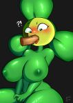 !? 1girl ? anthro big_breasts blover_(pvz) blush breasts confused cute disembodied_penis fellatio green_body green_eyes human_on_plantie looking_down male penis penis_in_mouth plant plant_girl plant_humanoid plantie plants_vs_zombies suck sucking taihen_(artist)