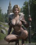 1girl 1girl 1girl big_breasts blonde_hair blue_eyes boots breasts capelet castle cleavage cleft_of_venus clothing day female_only fingerless_gloves footwear full_body fur_collar fur_trim gloves grass high_heel_boots high_heels holding holding_weapon leather leather_boots lips looking_at_viewer navel no_panties nose outside pussy rock short_hair skirt sky squatting sword thighs tree waifuai_studio weapon