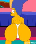 1girl 20th_century_fox all_fours almilday ass ass_focus bed black_hair blue_hair breasts female_focus fox_corporation long_hair looking_back marge_simpson micro_panties milf room seduction seductive the_simpsons yellow_skin