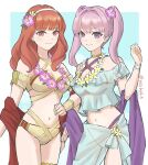 2_girls alluring bikini blue_bikini breasts celica_(fire_emblem) celica_(summer)_(fire_emblem) cleavage clenched_hand fire_emblem fire_emblem:_the_blazing_blade fire_emblem_echoes:_shadows_of_valentia fire_emblem_heroes flower flower_necklace hair_flower hair_ornament halterneck high_res intelligent_systems jewelry lei long_hair looking_at_viewer medium_breasts multiple_girls necklace nintendo official_alternate_costume pink_hair purple_bikini purple_eyes red_hair serra_(fire_emblem) serra_(summer)_(fire_emblem) smile swimsuit tea6043 yellow_bikini