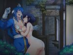 1boy 1girl against_tree alley ass assertive_female barrel belt black_hair blue_hair blush breast_press bush clothed_male_nude_female commission commissioner_upload completely_nude couple crate eye_contact fire_emblem fire_emblem:_genealogy_of_the_holy_war gloves groping half-closed_eyes hand_on_another's_chest headband height_difference hetero high_res intelligent_systems kabedon larcei_(fire_emblem) ledy long_hair looking_at_another looking_at_viewer naughty_face nintendo nipples nude open_clothes open_mouth open_shirt outside ponytail public_indecency seliph_(fire_emblem) sidelocks smile sweatdrop thighs tree tunic white_headband wide-eyed