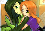 2_girls age_difference angelickitty89_(artist) asymmetrical_gloves black_bodysuit black_gloves black_hair bodysuit breasts closed_mouth couple crate dark_green_hair disney duo eyebrows_visible_through_hair eyes_visible_through_hair female/female female_only gloves green_bodysuit green_eyes green_gloves green_skin hand_up head_down head_tilt heroine hug_from_behind hugging hugging_from_behind katiramoon_(artist) kim_possible kimberly_ann_possible light-skinned_female light_skin long_hair looking_at_viewer love medium_breasts multicolored_bodysuit multicolored_clothes multiple_girls mutual_yuri neck orange_hair pale-skinned_female pale_skin purple_shirt rivals romantic romantic_couple shego shirt short_sleeves sitting skin_tight small_breasts smile straight_hair supervillainess teen teenage_girl turtleneck turtleneck_shirt two-tone_bodysuit very_long_hair villainess yuri