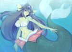 1girl 2018 5_fingers big_breasts blue_eyes bra breasts cleavage clothed clothing digital_media_(artwork) eyebrows eyelashes female fingers giga_mermaid hair high_res long_hair looking_at_viewer marine merfolk navel non-mammal_breasts pastelletta seashell_bra shantae shantae:_half-genie_hero smile solo split_form unavailable_at_source underwater underwear water wayforward