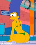 1girl 20th_century_fox almilday ass black_hair blue_hair female_focus fox_corporation long_hair looking_back marge_simpson micro_bikini milf poolside sitting the_simpsons water yellow_skin