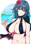 1girl 1girl alluring big_breasts big_breasts black_cape black_swimsuit blue_eyes byleth_(fire_emblem) byleth_(fire_emblem)_(female) byleth_(summer)_(fire_emblem)_(female) cape cleavage closed_mouth exposed_breasts fire_emblem fire_emblem:_three_houses fire_emblem_heroes flower food green_eyes green_hair hair_between_eyes hair_flower hair_ornament high_res holding holding_food holding_popsicle intelligent_systems looking_at_viewer melting_popsicle navel nintendo official_alternate_costume ootuk popsicle smile swimsuit teal_hair upper_body