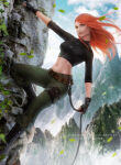 1girl adapted_costume belt black_boots black_footwear black_gloves black_pouch black_shirt boots breasts brown_belt brown_lipstick canyon cliff climbing closed_mouth cloud day disney female_only female_solo fingerless_gloves floating_hair footwear gloves green_eyes green_pants half-closed_eyes hanging head_tilt heroine holster kim_possible kimberly_ann_possible leaf leaves lips lipstick long_hair long_sleeves looking_at_viewer makeup medium_breasts midriff mountain naughty_face navel neck orange_hair outside pants pouch rope shirt sky sleeves_rolled_up straight_hair teen teenage_girl turtleneck turtleneck_shirt zarory zipper