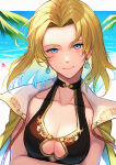 1girl 1girl alluring beach blonde_hair blue_eyes blue_hair cleavage closed_mouth earrings fire_emblem fire_emblem:_the_sacred_stones fire_emblem_heroes gradient_hair hair_intakes high_res intelligent_systems jewelry looking_at_viewer medium_breasts multicolored_hair nakabayashi_zun nintendo ocean parted_bangs selena_(fire_emblem:_the_sacred_stones) selena_(summer)_(fire_emblem:_the_sacred_stones) short_hair smile swimsuit swimsuit_under_clothes