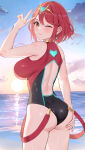 1girl absurd_res alluring amayo_thranana ass big_breasts cloud cowboy_shot day from_behind high_res looking_at_viewer looking_back ocean one-piece_bikini one_eye_closed outside pyra_(pro_swimmer)_(xenoblade) pyra_(xenoblade) red_eyes red_hair red_one-piece_bikini short_hair sky sunset suspenders swimsuit tiara v water xenoblade_(series) xenoblade_chronicles_2