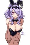 1girl alluring alternate_costume big_breasts black_bow black_bowtie bow bowtie camilla_(fire_emblem) cleavage fire_emblem fire_emblem_fates fire_emblem_warriors hair_over_one_eye high_res intelligent_systems long_hair nintendo playboy_bunny ponytail purple_eyes purple_hair rotomdocs wavy_hair