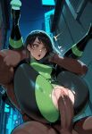 1boy1girl 1girl ai_generated alley bodysuit curvy curvy_female curvy_figure dark-skinned_male full_nelson kim_possible long_hair night night_sky sex shego