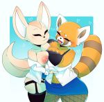  1girl 2019 :3 aggressive_retsuko ailurid anthro big_breasts blush breast_squish breasts breasts_frottage canid canine closed_eyes clothed clothing duo female/female fennec fenneko fishnet fishnet_legwear fox fur furry high_res legwear mammal nipples open_mouth peng red_panda retsuko sanrio simple_background squish topless 