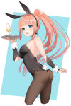 1girl 1girl alcohol alluring alternate_costume ass bare_shoulders blue_background blue_eyes drink felicia_(fire_emblem) fire_emblem fire_emblem_fates glass haru_(nakajou-28) high_res intelligent_systems long_hair looking_at_viewer medium_breasts nintendo orange_hair pantyhose plate playboy_bunny ponytail smile very_long_hair waitress